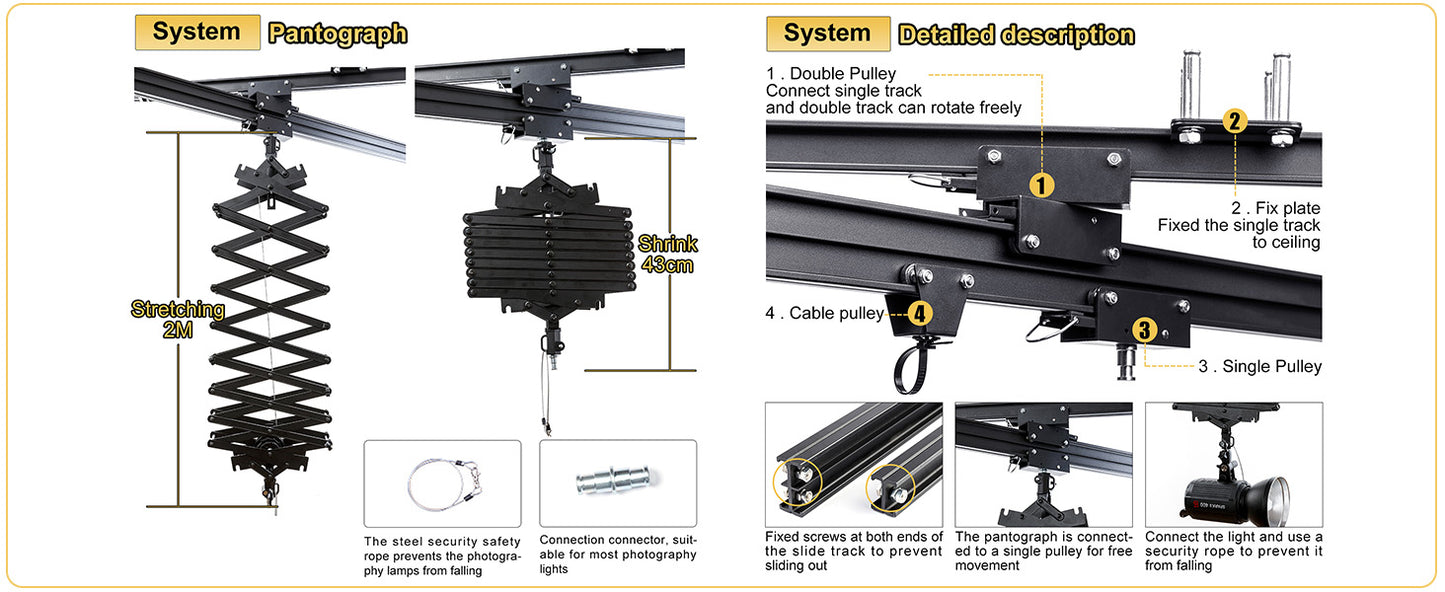 DATOUBOSS 158" x197" Studio Ceiling Rail System Pantograph Photography 4.0Mx5.0M Studio Rail Lighting System Pantograph Studio Arm 43-200CM Studio Ceiling Rail System Photography (4.0x5.0M-A1)