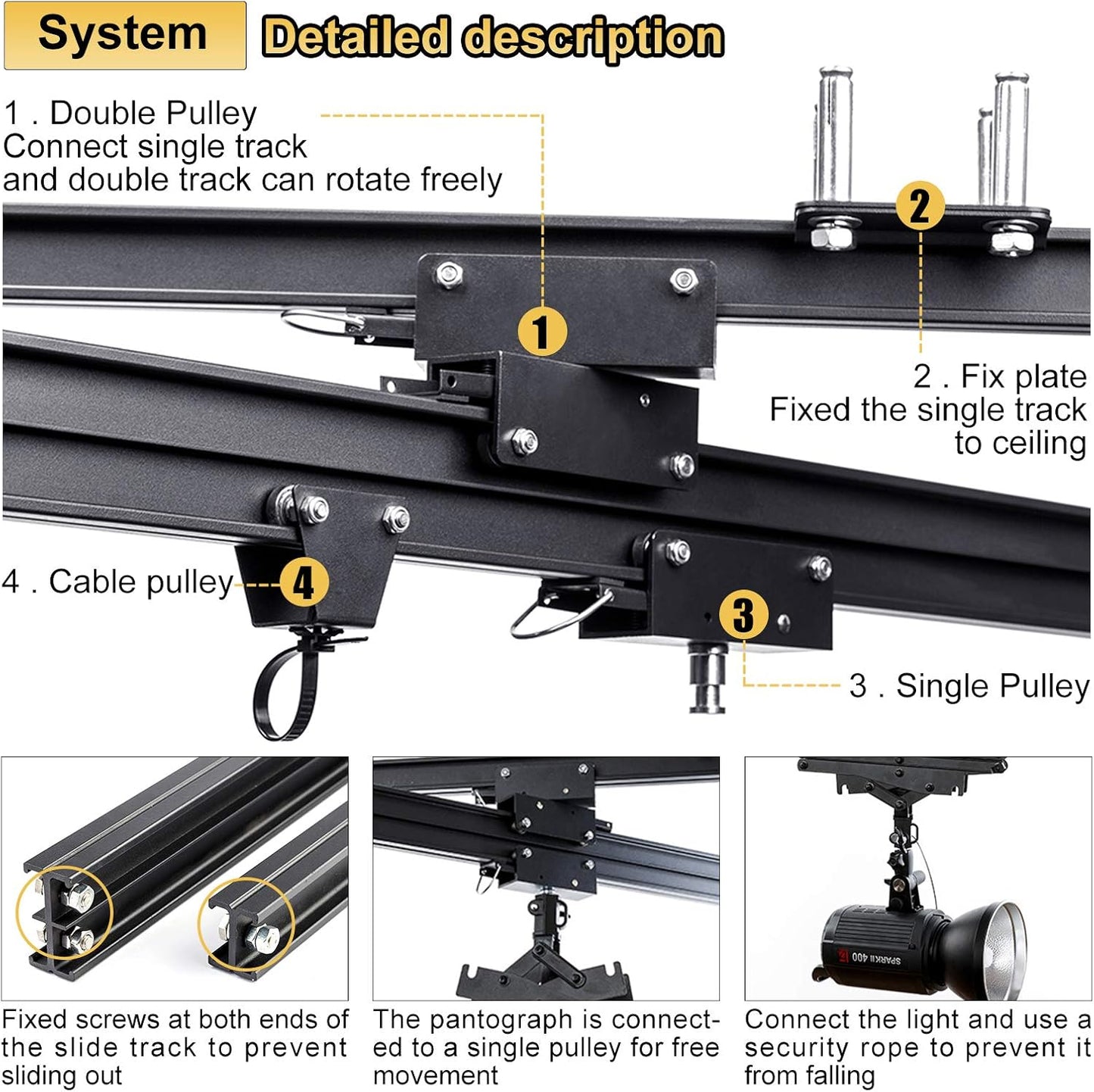 DATOUBOSS 158" x197" Studio Ceiling Rail System Pantograph Photography 4.0Mx5.0M Studio Rail Lighting System Pantograph Studio Arm 43-200CM Studio Ceiling Rail System Photography (4.0x5.0M-A1)